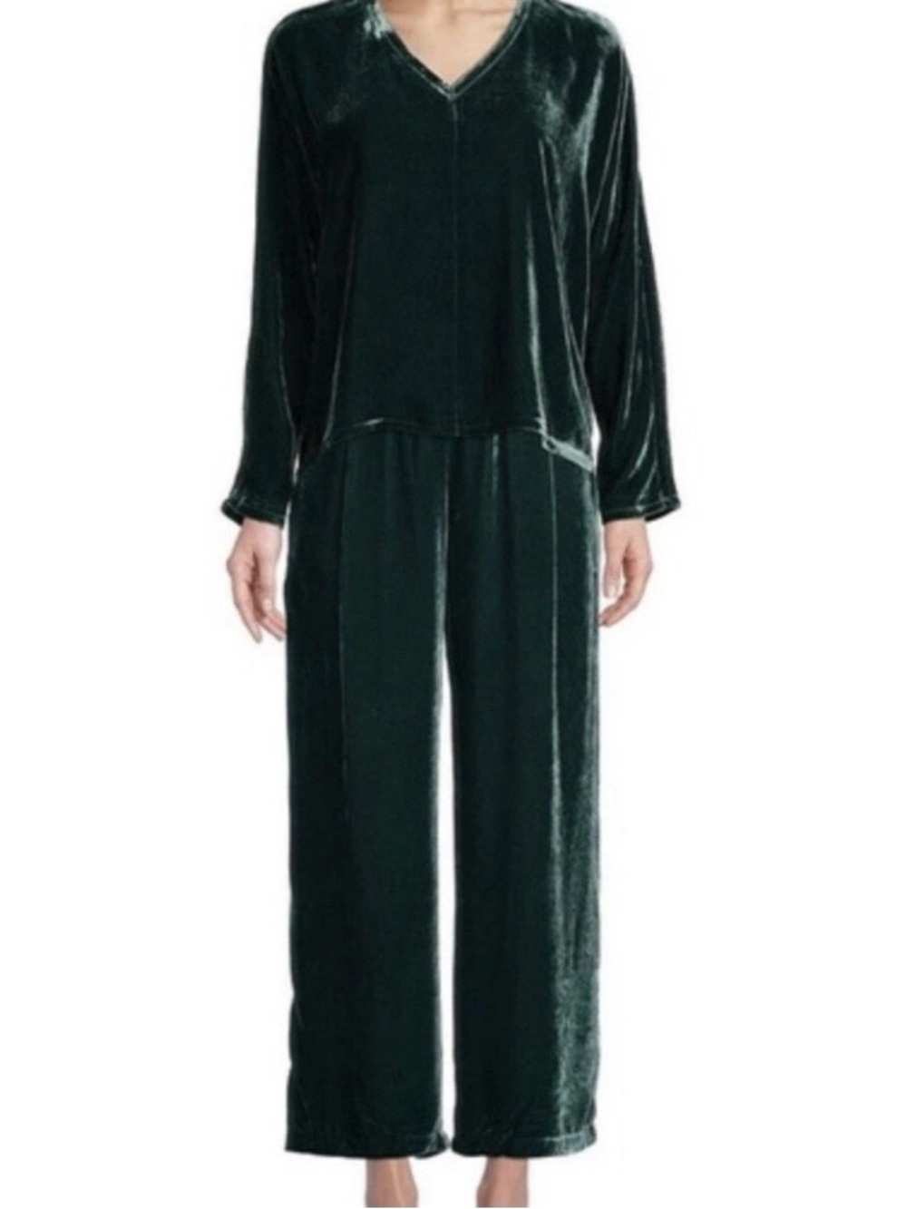 Eileen Fisher Velvety pant Set Silk Blend Dark Green S/M